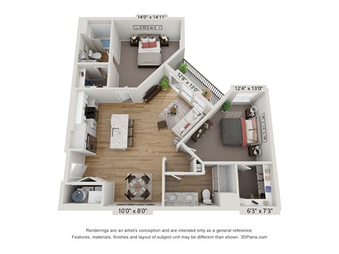 a stylized floor plan with a bedroom and a living room
